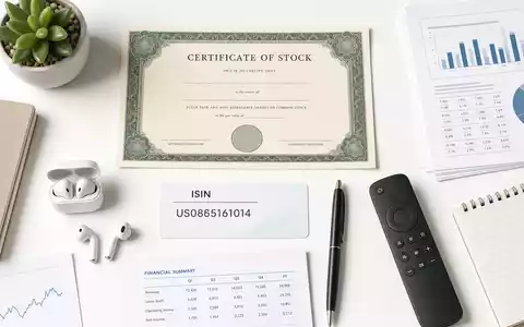 Best Buy Co. Inc. Flatlay mit Aktienzertifikat, ISIN-Karte US0865161014 und branchentypischen Elektronik-Utensilien - Foto: THN