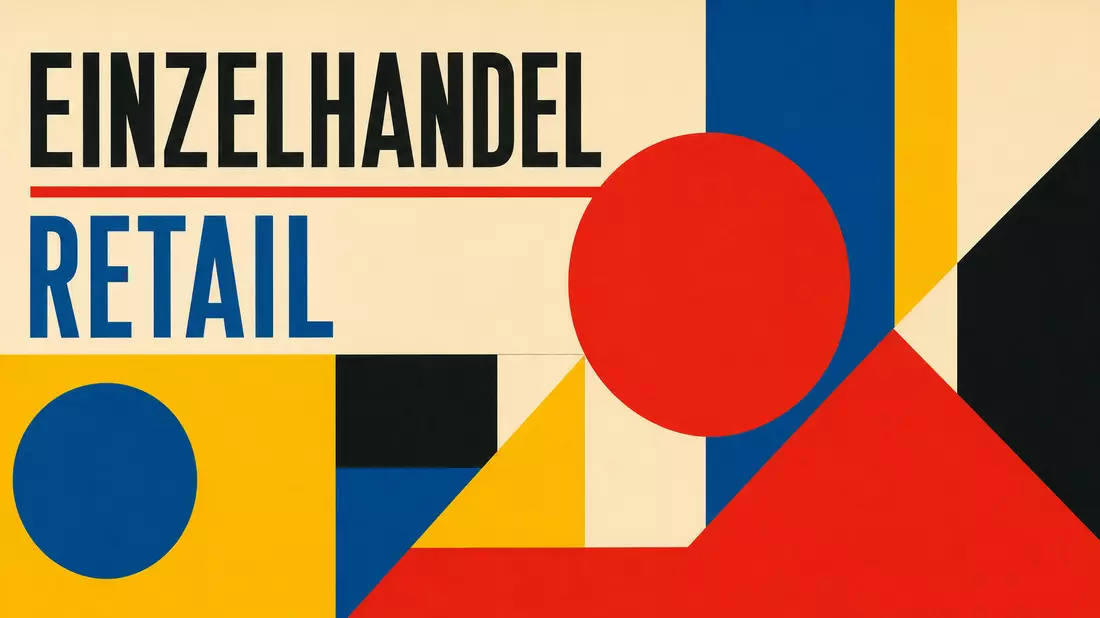 Bauhaus-Poster mit geometrischen Formen und Text EINZELHANDEL in Primärfarben