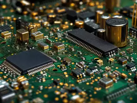 Best Buy Co. Inc. Makro-Detail grüner Leiterplatte mit Mikrochips, Sektor Elektronik, US0865161014 - Foto: THN