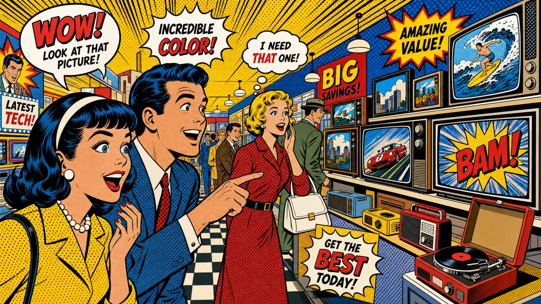 Bunter Pop-Art-Comic mit begeisterten Kunden in einem Elektronikmarkt der 1960er Jahre