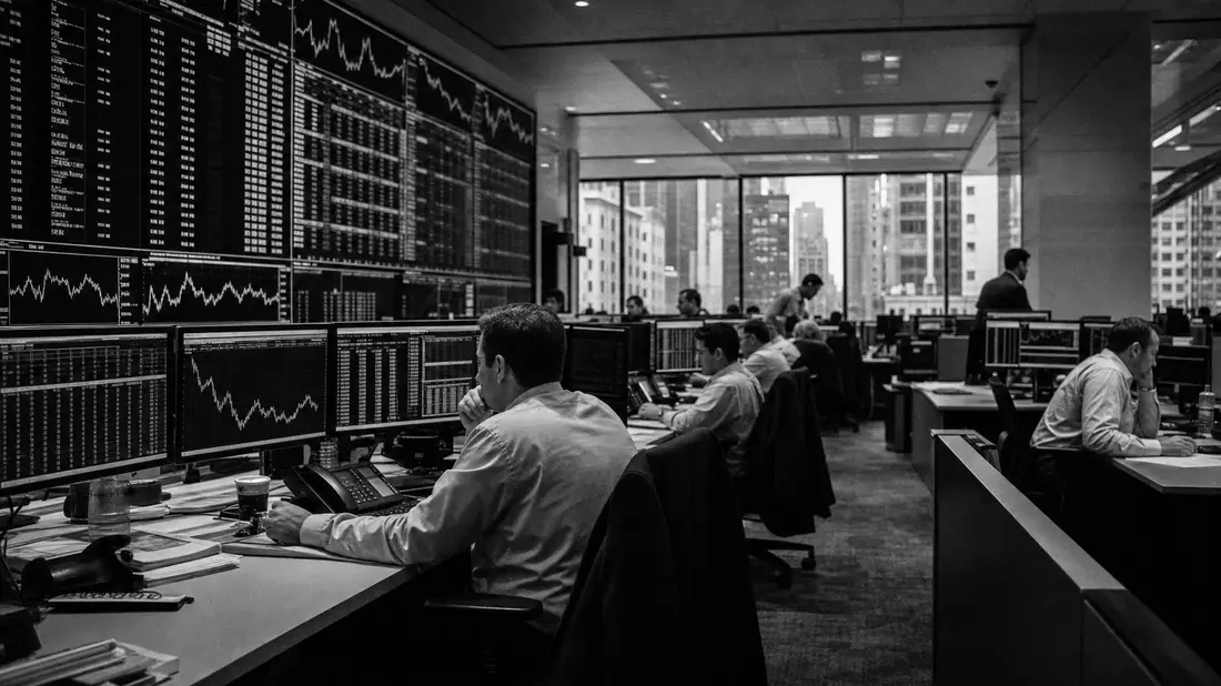 Schwarzweiß-Reportage Handelssaal New York mit Analysten und Finanzcharts