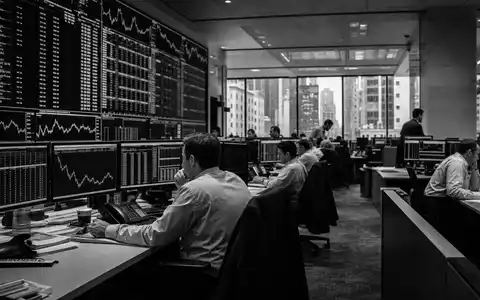 BlackRock Inc. dokumentarischer Handelssaal in New York mit Vermögensverwaltern an Monitoren, ISIN US09247X1019 - Foto: THN