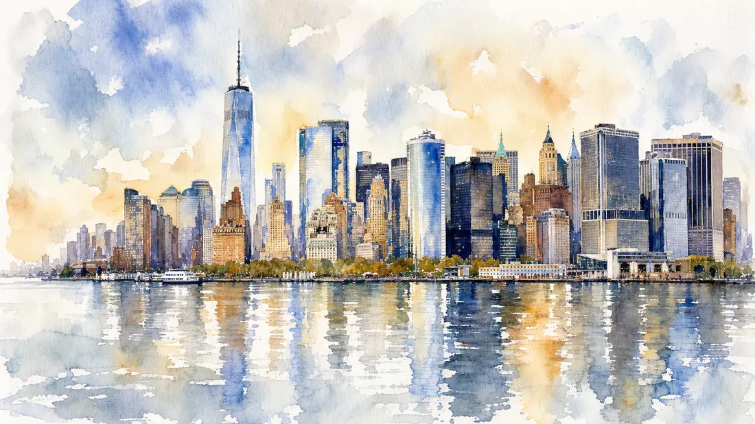 Aquarell-Gemälde Manhattan Skyline mit East River, weiche Farben Blau und Amber