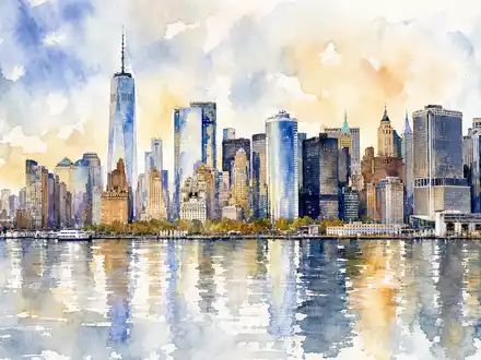 BlackRock Inc. Firmenstandort New York als Aquarell mit Manhattan-Skyline und Fluss, US09247X1019 - Foto: THN