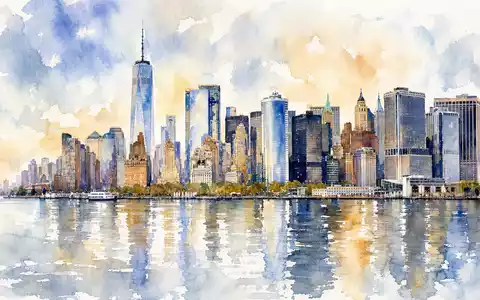 BlackRock Inc. Firmenstandort New York als Aquarell mit Manhattan-Skyline und Fluss, US09247X1019 - Foto: THN