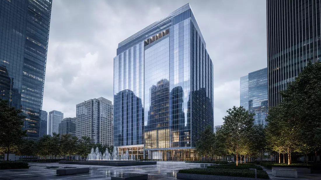 CGI-Architektur-Render Glasturm Finanzdistrikt New York mit Plaza und Brunnen