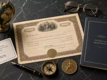 BlackRock Inc. Investmentobjekte als Flatlay mit ISIN-Karte, Aktienzertifikat und Kompass, ISIN US09247X1019 - Foto: THN