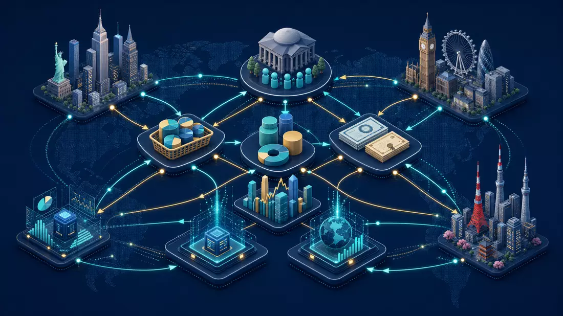 Isometrisches 3D-Diagramm globales Asset-Management Netzwerk New York London Tokio