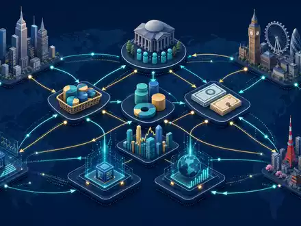 BlackRock Inc. globale Wertschöpfungskette der Vermögensverwaltung dargestellt als isometrisches 3D-Netzwerk, ISIN US09247X1019 - Foto: THN