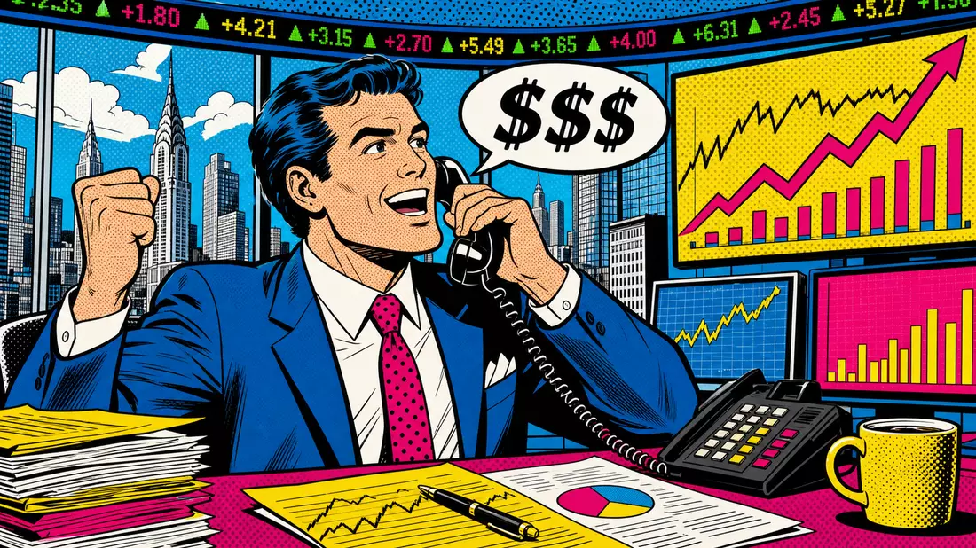 Pop-Art-Comic Finanzmanager mit steigenden Kurscharts Lichtenstein-Stil New York
