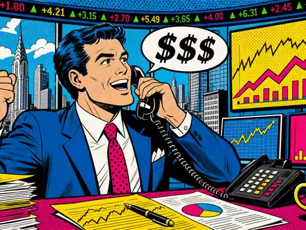 BlackRock Inc. Vermögensverwalter in einem bunten Pop-Art-Comic mit steigenden Börsenkursen, ISIN US09247X1019 - Foto: THN