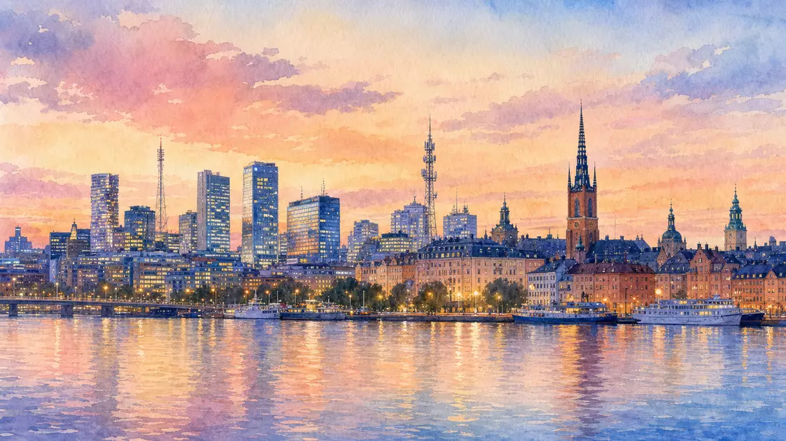 Aquarell der Stockholmer Skyline bei Dämmerung, Telia Company AB, SE0000667925