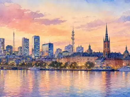 Aquarell der Stockholmer Skyline mit Antennen, Telia Company AB, ISIN SE0000667925, sanfte Pastellfarben abends - Foto: THN