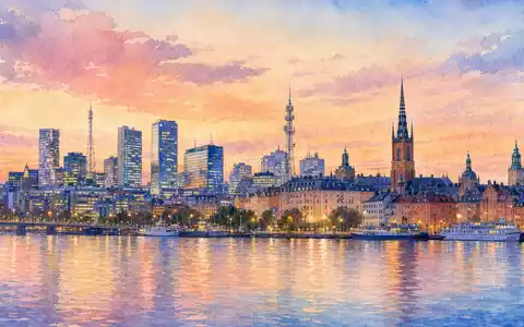 Aquarell der Stockholmer Skyline mit Antennen, Telia Company AB, ISIN SE0000667925, sanfte Pastellfarben abends - Foto: THN