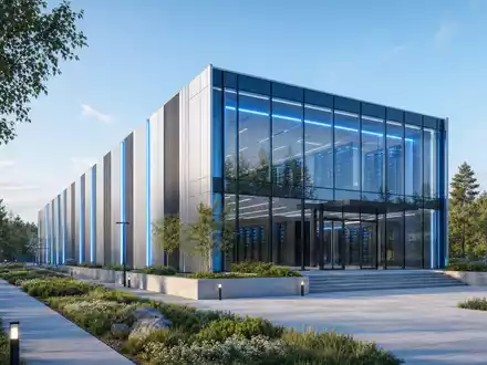 Architektur-Render eines modernen Rechenzentrums, Telia Company AB, ISIN SE0000667925, nachhaltige Glasfassade Grünflächen - Foto: THN