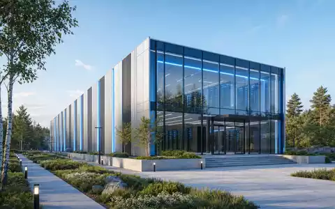Architektur-Render eines modernen Rechenzentrums, Telia Company AB, ISIN SE0000667925, nachhaltige Glasfassade Grünflächen - Foto: THN