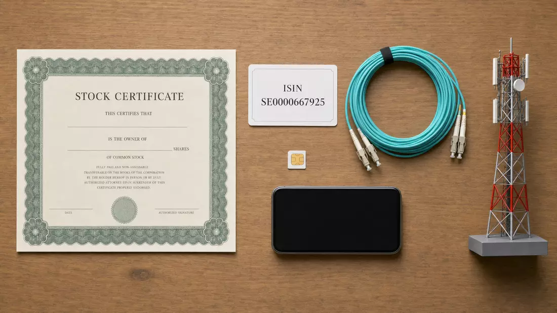 Flatlay mit Aktienzertifikat und Glasfaserkabel, Telia Company AB, SE0000667925