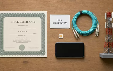 Flatlay mit Aktienzertifikat, ISIN-Karte und Glasfaserkabel, Telia Company AB, ISIN SE0000667925, Telekommunikations-Utensilien - Foto: THN