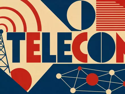 Bauhaus-Poster mit geometrischen Formen und Text TELECOM, Telia Company AB, ISIN SE0000667925, Signalwellen-Grafik - Foto: THN