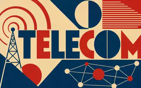 Bauhaus-Poster mit geometrischen Formen und Text TELECOM, Telia Company AB, ISIN SE0000667925, Signalwellen-Grafik - Foto: THN