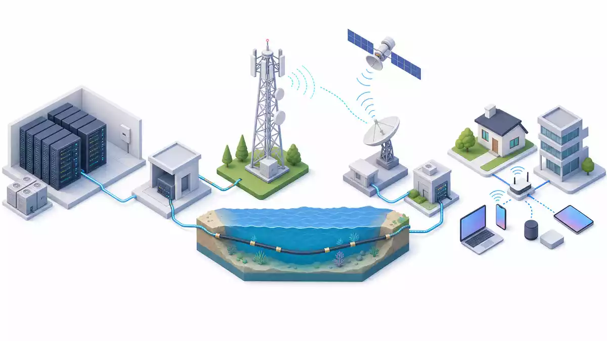Isometrische 3D-Grafik der Telekom-Wertschöpfungskette, Telia Company AB, SE0000667925