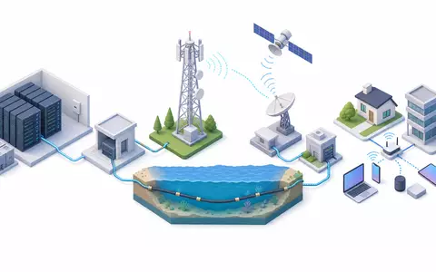 Isometrische 3D-Grafik der Netzwerk-Wertschöpfungskette, Telia Company AB, ISIN SE0000667925, Rechenzentrum Satellit Unterseekabel - Foto: THN