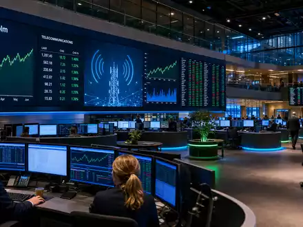 Börsen-Editorial zeigt Trading-Floor mit Telekommunikations-Charts, Telia Company AB, ISIN SE0000667925, OMX Stockholm Bildschirme - Foto: THN