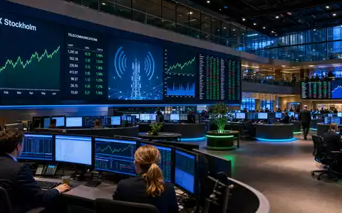 Börsen-Editorial zeigt Trading-Floor mit Telekommunikations-Charts, Telia Company AB, ISIN SE0000667925, OMX Stockholm Bildschirme - Foto: THN