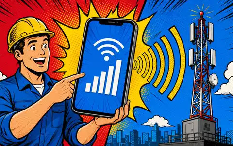 Pop-Art-Comic zeigt Techniker mit Smartphone und Sendemast, Telia Company AB, ISIN SE0000667925, bunte Halbtonpunkte Signalwellen - Foto: THN