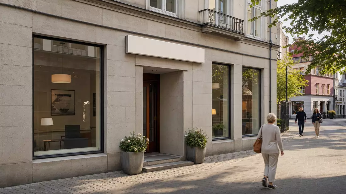 Traditionelle schwedische Bankfiliale mit Steinfassade und Passanten auf Gehweg
