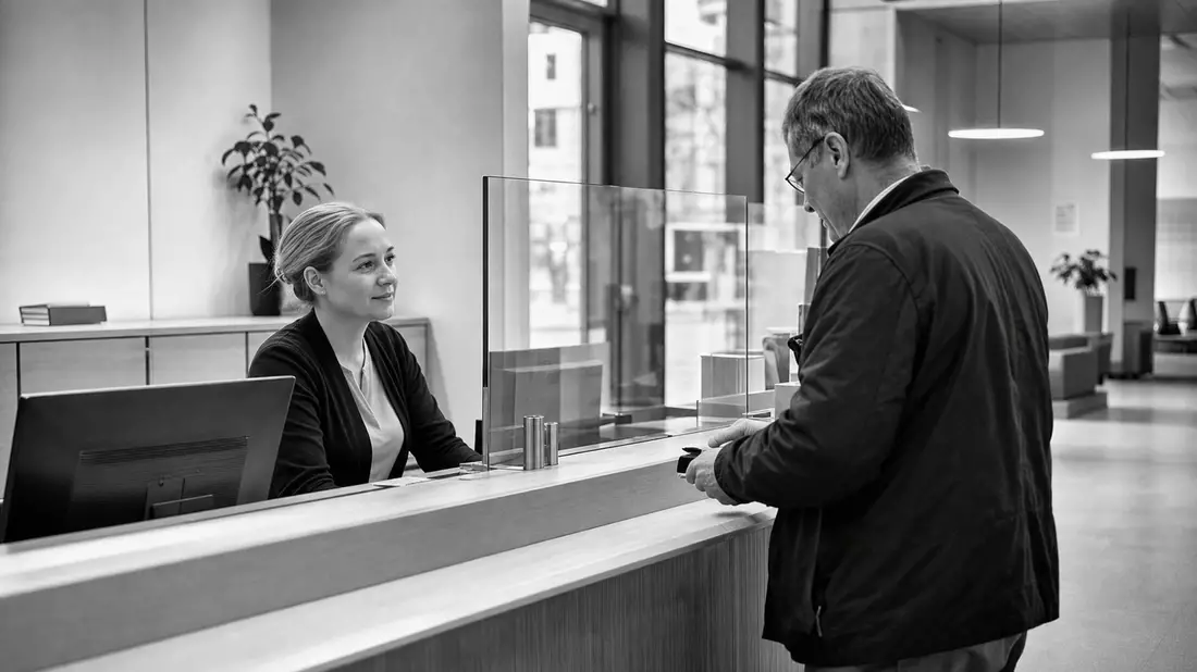 Schwarzweiß-Reportagefoto einer Kundenberatung am Bankschalter