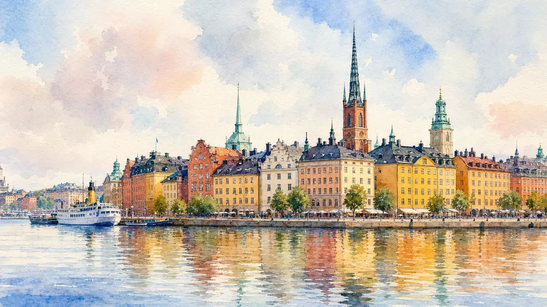 Aquarellmalerei der Stockholmer Altstadt Gamla Stan mit Wasserspiegelung