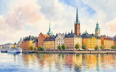 Svenska Handelsbanken (SE0007100599) wurde 1871 in Stockholm gegründet, gezeigt als Aquarell der historischen Altstadt - Foto: THN