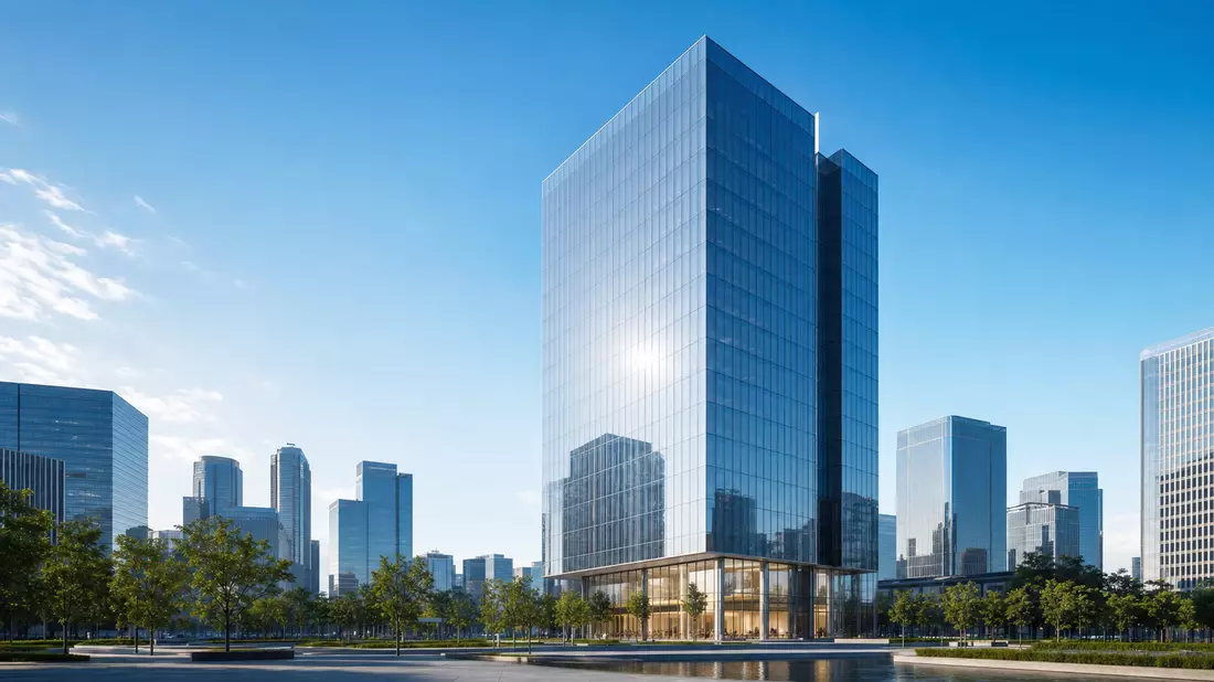 Architektur-Render eines modernen Glashochhauses im Finanzviertel bei Tageslicht