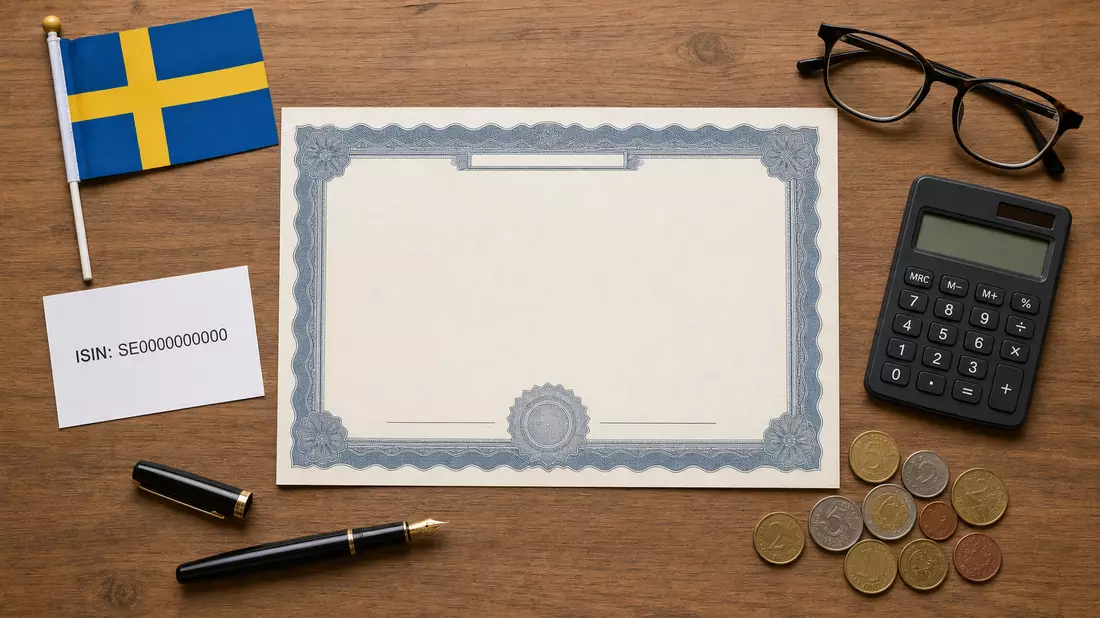 Flatlay mit Aktienzertifikat, ISIN-Karte, Münzen und schwedischer Flagge