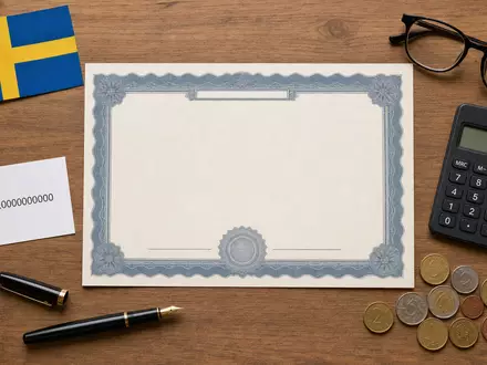 Svenska Handelsbanken (SE0007100599) als Aktienanlage zeigt dieses Flatlay mit Zertifikat, ISIN-Karte und schwedischer Flagge - Foto: THN