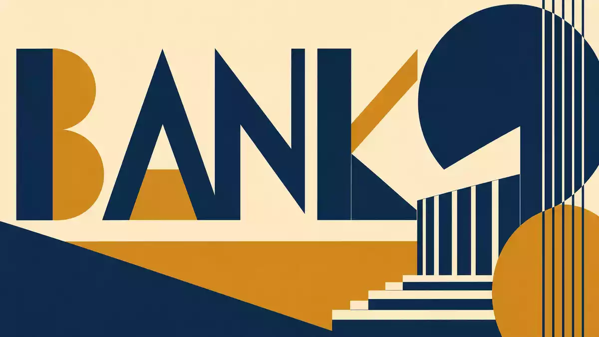 Geometrisches Bauhaus-Poster mit stilisierter Typografie und dem Wort BANK