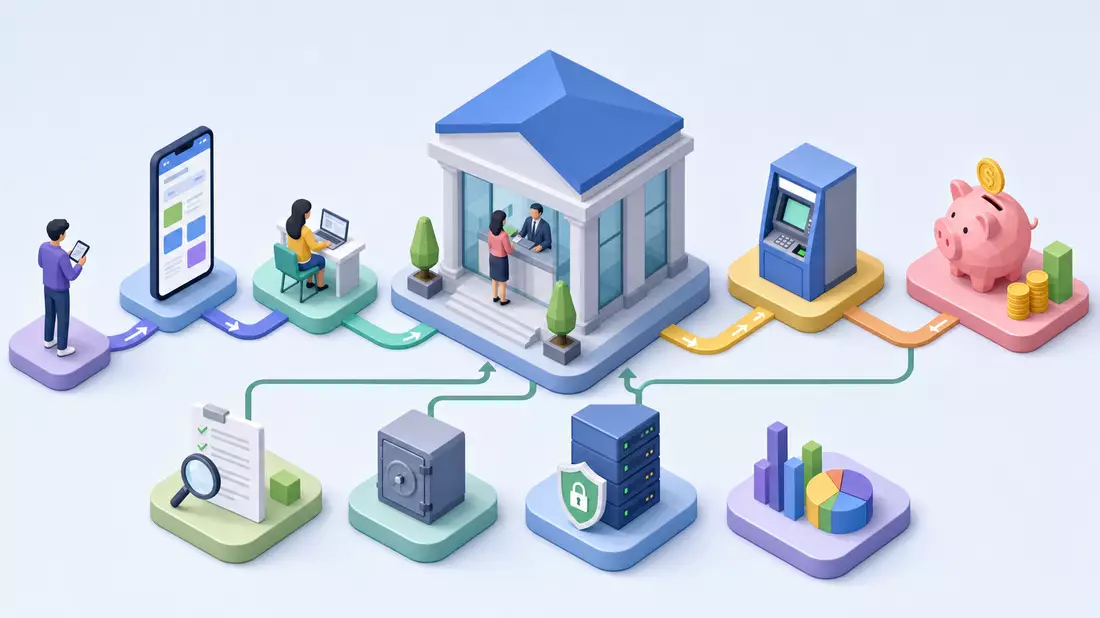 Isometrische 3D-Grafik einer Retail-Banking-Wertschöpfungskette mit Filiale