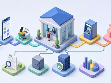 Svenska Handelsbanken (SE0007100599) bietet digitale und stationäre Bankdienstleistungen, veranschaulicht in dieser isometrischen 3D-Prozessgrafik - Foto: THN