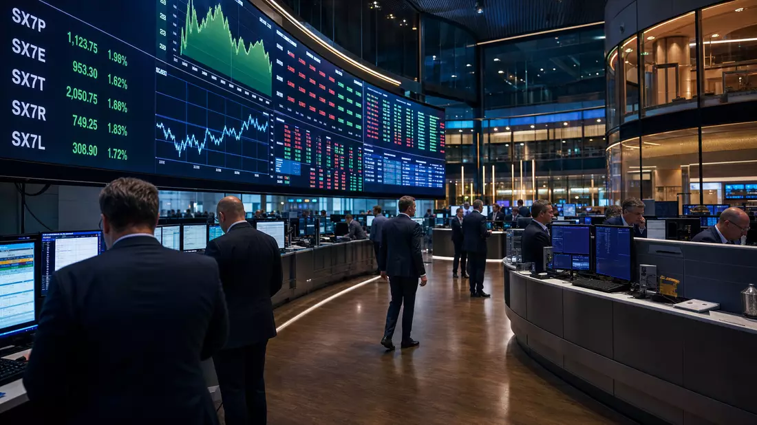 Editorial-Foto eines Börsen-Trading-Floors mit Kursbildschirmen und Händlern