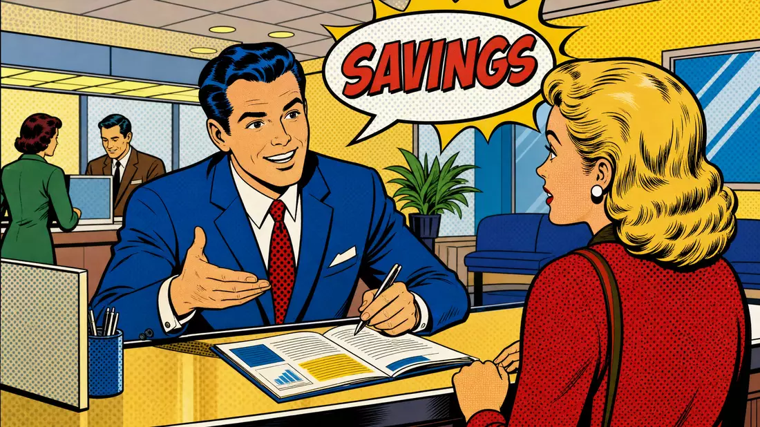 Bunte Pop-Art-Comic-Illustration einer Bankberatung mit Sprechblase SAVINGS