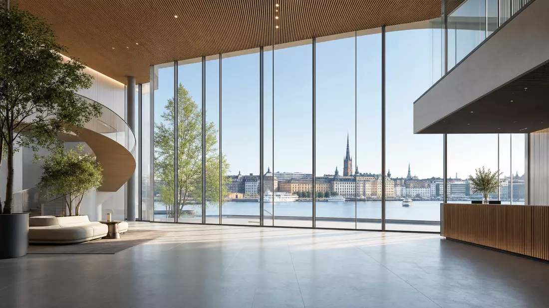 Moderne nordische Bank-Lobby mit Stockholm-Blick, Symbolbild Skandinaviska Enskilda