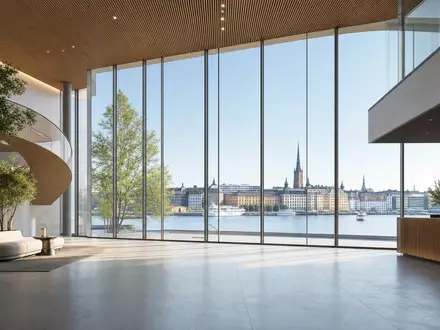 Moderne Bank-Lobby mit Stockholm-Skyline symbolisiert Skandinaviska Enskilda Banken, ISIN SE0000148884, an Nasdaq Stockholm - Foto: THN