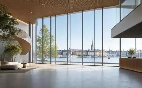 Moderne Bank-Lobby mit Stockholm-Skyline symbolisiert Skandinaviska Enskilda Banken, ISIN SE0000148884, an Nasdaq Stockholm - Foto: THN