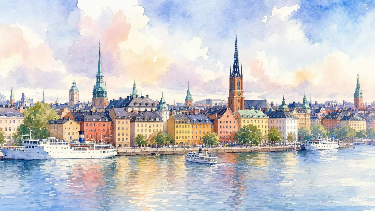 Aquarell der Stockholmer Altstadt am Wasser, Symbolbild Skandinaviska Enskilda