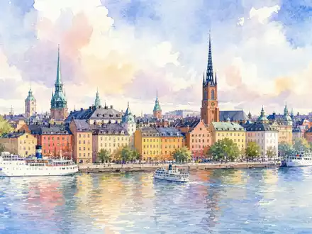 Aquarell-Ansicht der Stockholmer Altstadt repräsentiert den Heimatmarkt von Skandinaviska Enskilda Banken, ISIN SE0000148884, Schweden - Foto: THN