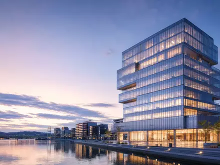 Architektur-Render eines Glas-Hochhauses am Wasser visualisiert den Unternehmenssitz von Skandinaviska Enskilda Banken, ISIN SE0000148884 - Foto: THN