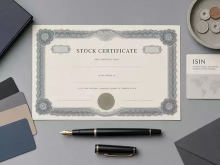 Flatlay mit Aktienzertifikat und ISIN-Karte symbolisiert die Aktie von Skandinaviska Enskilda Banken, ISIN SE0000148884 - Foto: THN