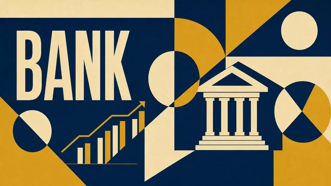 Bauhaus-Poster mit Formen und Text BANK, Symbolbild Skandinaviska Enskilda Banken