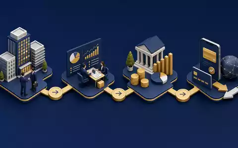 Isometrische 3D-Grafik zeigt die Wertschöpfungskette im Corporate Banking von Skandinaviska Enskilda Banken, ISIN SE0000148884, Schweden - Foto: THN